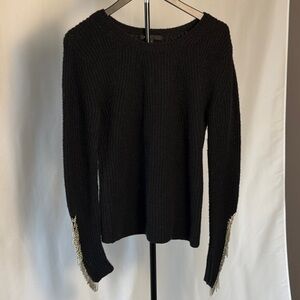Maje Black Crewneck Sweater with Chain Fringe on Sleeves